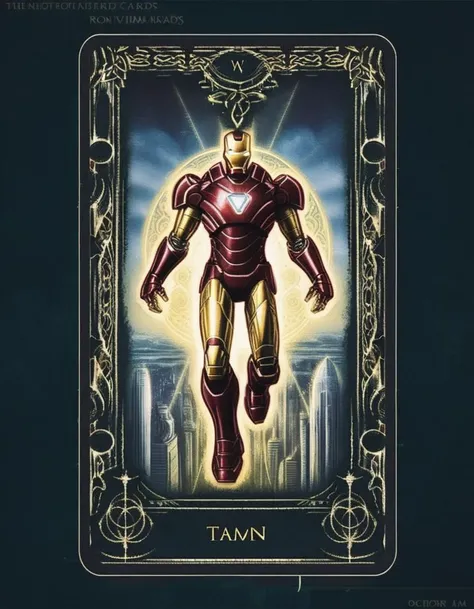 A tarot card featuring Iron Man as the central figure. The card embodies the essence of strength and innovation, with Iron Man posed heroically, his suit gleaming with advanced technology. Behind him, a futuristic cityscape blends with mystical symbols, bridging the realms of modern science and ancient wisdom. The card's border is ornate, with intricate designs that hint at arcane knowledge. Iron Man's gaze is confident and forward-looking, symbolizing a journey of self-discovery and the harnessing of one's inner power. <lora:edrtcard:0.75>