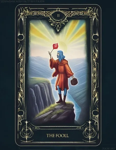 A vibrant depiction of 'The Fool' from the Tarot deck, standing at the edge of a cliff, blissfully unaware of the potential danger. The Fool is youthful, with an air of optimism and curiosity, dressed in colorful, somewhat mismatched garments, symbolizing innocence and a free spirit. A small dog jumps at their feet, representing loyalty and protection. The background is a bright, clear sky, signifying the beginning of a journey, with sunlit mountains in the distance. The image captures the essence of adventure, possibility, and the naive bravery of stepping into the unknown. <lora:edrtcard:0.75>