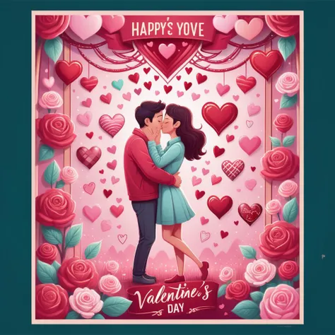 A cartoon-style illustration of lovers kissing, surrounded by Valentine's Day elements. The scene is vibrant and filled with hearts, Cupid's arrows, and pink and red decorations. Both characters exhibit exaggerated, joyful expressions of love, with their eyes closed in a blissful kiss. The background is adorned with symbols of romance, such as roses, chocolates, and a banner proclaiming 'Happy Valentine's Day,' all rendered in a playful, animated aesthetic, <lora:edrtcard:0.8>