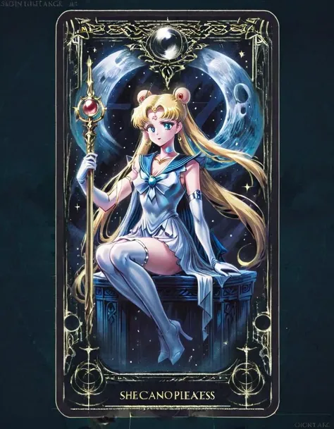 Sailor Moon, as 'The High Priestess,' sits serenely, moon scepter in hand. She is the guardian of secret knowledge and intuition, radiating a calm, mysterious aura, with the moon and stars shimmering in the background. <lora:edrtcard:0.75>