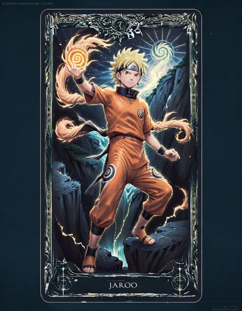 A Tarot card depicting Naruto Uzumaki as 'The Fool,' standing at the edge of a cliff, his orange jumpsuit fluttering in the wind, a look of optimistic determination on his face. Spirited and adventurous, he embodies the spirit of new beginnings and endless potential. <lora:edrtcard:0.75>