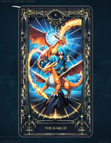 In this Tarot card,Ash Ketchum on his Pokémon journey represents 'The Chariot.' He's seen riding a powerful Charizard, symbolizing determination, control, and the drive to succeed, with various Pokémon flanking him, showcasing his leadership and adventurous spirit<lora:edrtcard:0.7>