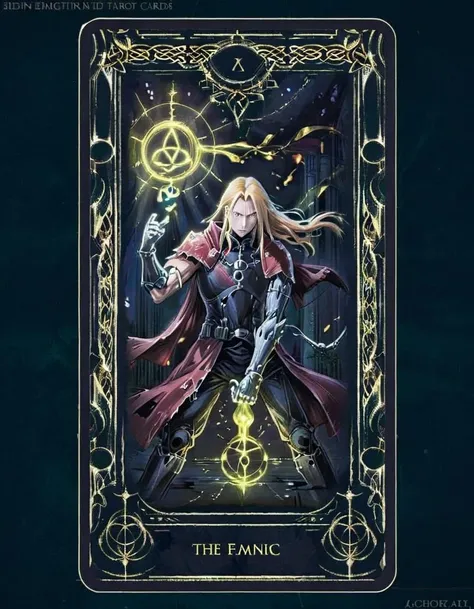 Edward Elric is 'The Magician' in this Tarot card, his metal arm raised, alchemic symbols glowing beneath his feet. He represents transformation and creative power, a master of alchemy, surrounded by mystical energy and ancient lore. <lora:edrtcard:0.75>