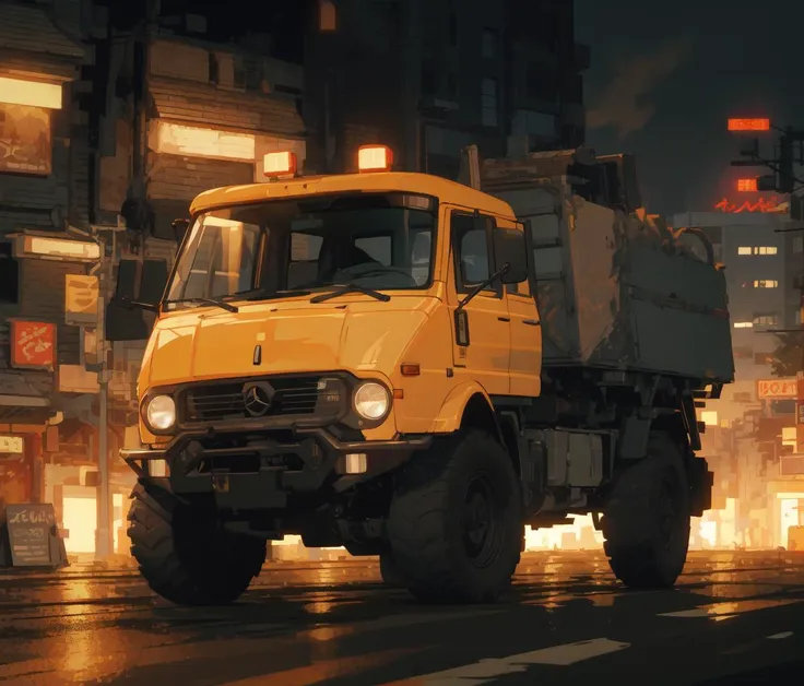 best quality,unimog,cyberpunk,vehicle focus,(turn off headlight:1.4),no humans, 
cityscape,(midnight,neon lights:1.3),fog,
 <lyco:unimog_v10:0.8>