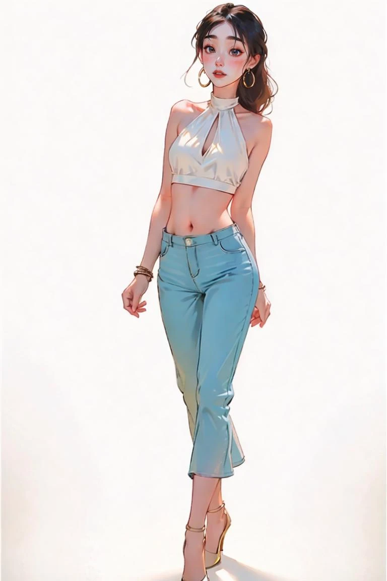 masterpiece, best quality, solo, 1girl, luminous skin, hoop earrings, glamorous, whimsical details, gradients, slicked hair, mesmerizing, dreamy, bare shoulder, crop top, shallow depth of field, contrapposto, professional model, standing pose, full body, heels ,long legs, (palazzo pants:1.1), bracelet
<lora:tiffany_v6:1> <lora:agnes_v4:1>