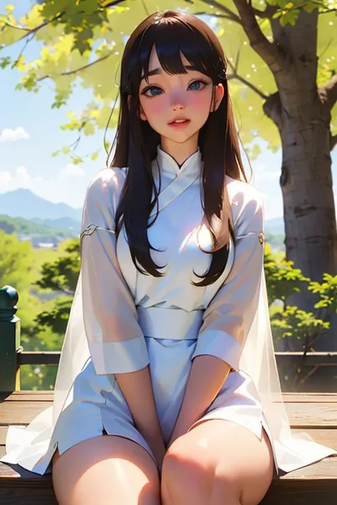 1 girl,long hair,white clothing,solo, yuzusoft,blunt bangs, blue eyes, half open mouth, bashful face, embarrassed face, full face blush, best quality, unity 8k wallpaper, eyelashes, perfect hands, five fingers on one hand,
((beauty thigh)), ((high resolution thigh)), beauty lips, high resolution lips, (beautiful detailed lips), (beauty eyes), (high resolution eyes), ((clear eyes)), (best aesthetic), (bright lighting), shirtlift,girl,Chinoiserie clothing, skin white and smooth,shidudou, scenery, MountainBuilding, tree, outdoors