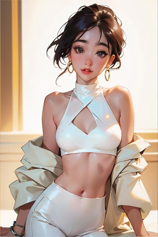 masterpiece, best quality, solo, 1girl, luminous skin, hoop earrings, glamorous, whimsical details, slicked hair, mesmerizing, bare shoulder, crop top, long pants, shallow depth of field, contrapposto, professional model, face front, portrait