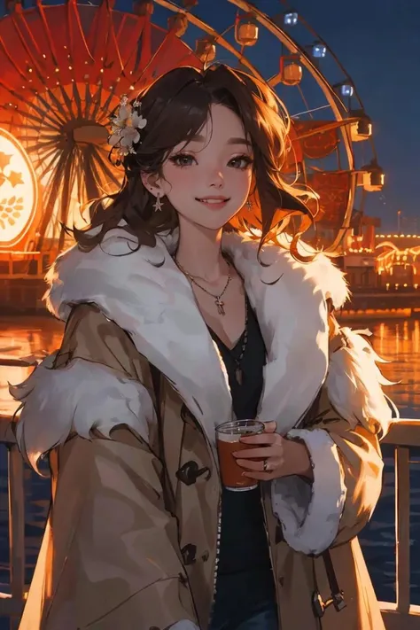 qbyc,masterpiece,best quality,a girl,solo,night,disheveled hair,(hair_flower),(fur-trimmed_coat),earrings,necklace,smile,available light,(ferris wheel),cowboy_shot
