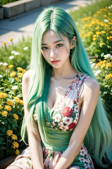 high angle view, full shot, 1girl, long hair, ((green ombre hair)),  two-tone hair, multicolored hair, red eyes, looking at viewer, (OverallDetail), skinny body,
BREAK
(wearing floral print dress), walking through flower fields, (green flowers), vibrant colorful flowers,
<lora:intricatedetails:0.7>
<lora:Background_Detail_v3:1>
<lora:background & distence control:-1>