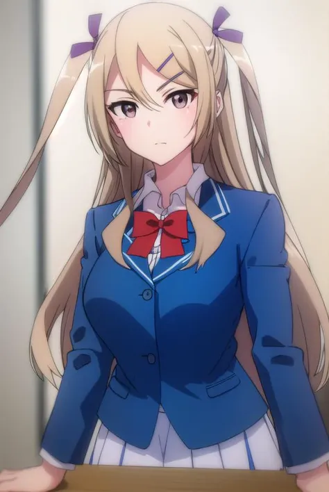 helenrosa, <lora:helen rosa s2-lora-nochekaiser:1>,
helen rosa, long hair, brown hair, hair ornament, ribbon, (brown eyes:1.3), hair ribbon, hairclip, two side up,
BREAK skirt, bow, school uniform, jacket, pantyhose, pleated skirt, blazer,
BREAK indoors, classroom,
BREAK looking at viewer,
BREAK <lyco:GoodHands-beta2:1>, (masterpiece:1.2), best quality, high resolution, unity 8k wallpaper, (illustration:0.8), (beautiful detailed eyes:1.6), extremely detailed face, perfect lighting, extremely detailed CG, (perfect hands, perfect anatomy),