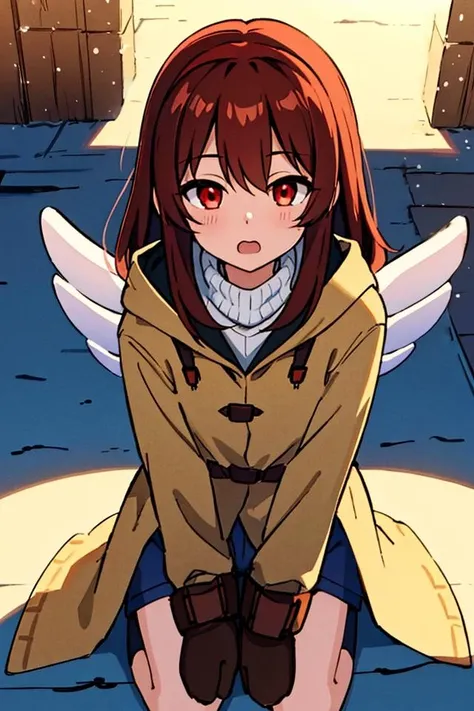 masterpiece, best quality, CG, wallpaper, HDR, high quality, high-definition, extremely detailed, lot of details, (intense shadows), (intense lighting),(detailed:1.1), very detailed eyes, very detailed face, very detailed hair, very detailed background, <lora:Tsurime:1>, tan coat with white turtleneck,backpack with wings on it, (tsukimiya ayu), sitting, kneeling, blush, woried face, close mouth, looking at viewer, brown_mittens, from top, looking at viewer, <lora:tsukimiya ayu:1>, brown hair, red eyes, red hairband, black footwear, blue shorts, outdoors, snow, street, wavy_mouth,