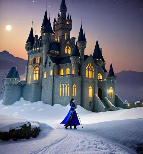 a woman queen ice, realistic photo of a castle on a hill with a full moon in the background, cgsociety, fantasy art, fantasy, fantasy, epic hyper-detailed masterpiece ultra-wide, cinematic still , glamour hyper shoot , bokeh, pre-raphaelite, photo, realistic, 35 mm, photography , 8k resolution , 8 k,