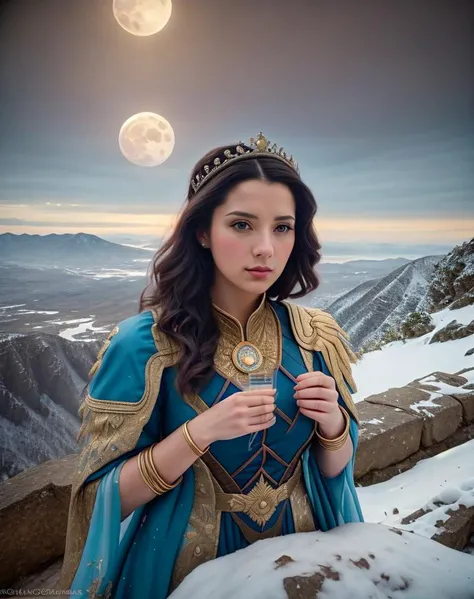 a woman queen ice, realistic photo of a castle on a hill with a full moon in the background, cgsociety, fantasy art, fantasy, fantasy, epic hyper-detailed masterpiece ultra-wide, cinematic still , glamour hyper shoot , bokeh, pre-raphaelite, photo, realistic, 35 mm, photography , 8k resolution , 8 k, cinematic lighting, photographic, Eastman Kodak Color Negative film 5251 50T shot on panavision super , art by Bagshaw Tom, stanley, greg rutkowski, thomas kindkade, norman rockwell