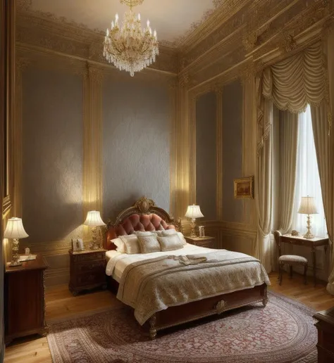 Masterpiece, 4K, beautiful design, absurdres, ,lh_room, a bedroom with a bed and a chandelier, (masterpiece:1.5) (painting:1.1) (best quality) (detailed) (intricate) (8k) (HDR) (wallpaper) (cinematic lighting) (sharp focus)