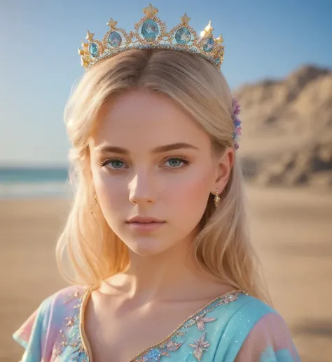 a photography, HD,, photo, woman, beautiful dress ornate, mdjrny-v5, style portrait of a gorgeous blond female in the style of stefan kostic, realistic, half body shot, sharp focus, 8 k high definition, insanely detailed, intricate, elegant, art by stanley lau and artgerm, extreme blur flames background, Princess girl with wing, Blue, Pastel, glitter, dramatic, dreamy, pastel, Watercolor, Whimsical, Delicate, seashell crown, Trending on Artstation, Highly detailed, Intricate, Portrait, digital painting, Fantasy theme, Fantasy robes, Fantasy concept art, Fantasy character art, Smug, Teenage girl, perfect body, full body, dreamy, pastel, Watercolor, Whimsical, Delicate, seashell crown masterpiece, 8k, perfect lighting, , adult, female, cowboy shot, looking at viewer, cinematic lighting, Fawn