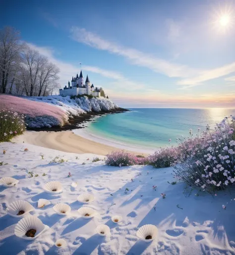 castle, flowers, delicate scene, sky,white clouds,and sunlight shine on the snow-white beach. flowers roses and shiny large shells, diamond crystal, on the beach, fantasy, sky night , moon, smoke , fire, photo, HD, 8K