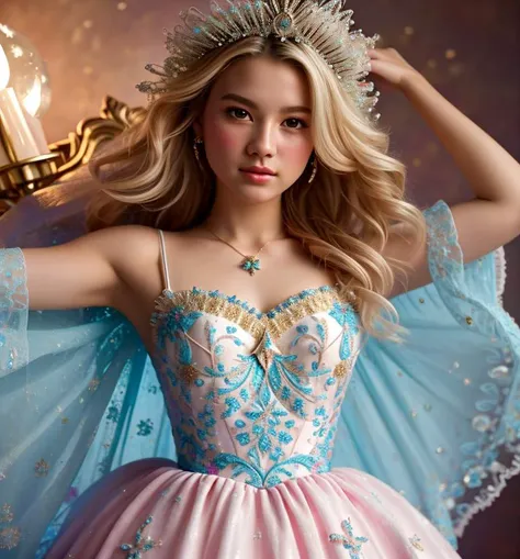 a photography, HD,, photo, woman, beautiful dress ornate, in the style of stefan kostic, realistic, half body shot, sharp focus, 8 k high definition, insanely detailed, intricate, elegant, art by stanley lau and artgerm, extreme blur flames background, Princess girl with wing, Blue, Pastel, glitter, dramatic, dreamy, pastel, Watercolor, Whimsical, Delicate, seashell crown, Trending on Artstation, Highly detailed, Intricate, Portrait, digital painting, Fantasy theme, Fantasy robes, Fantasy concept art, Fantasy character art, Smug, Teenage girl, perfect body, full body, dreamy, pastel, Watercolor, Whimsical, Delicate, seashell crown masterpiece, 8k, perfect lighting, , adult, female, cowboy shot, looking at viewer, cinematic lighting, Fawn