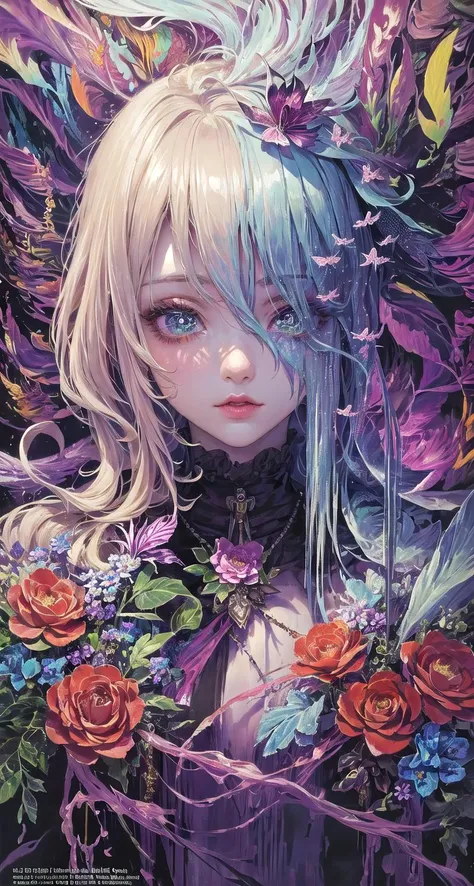 masterpiece, ultra-high quality,( ultra detailed original illustration),( 1girl, upper body),(( harajuku fashion)),(( flowers with human eyes, flower eyes)), double exposure, fussion of fluid abstract art, glitch,( 2d),( original illustration composition),( fusion of limited color, maximalism artstyle, geometric artstyle, butterflies, junk art) <lora:lol2-000010:1>