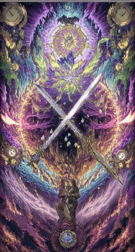 ((masterpiece, ultra-high quality)),(Ultra detailed original illustration),girls,girl1 and girl2,symmetrical,(gril1:lightpink hair),(gril2:white hair ),symmetry,((Flowers with human eyes, Flower eyes)), double exposure, fussion of Fluid abstract art,glitch, (2D), (Original illustration composition), (fusion of limited color,Maximalism artstyle,Geometric artstyle,Butterflies,Junk art) ,((Classic decorative border)),((sword)),(((Tarot Border))),(((clock Magic Circle))) <lora:lol2-000010:1>