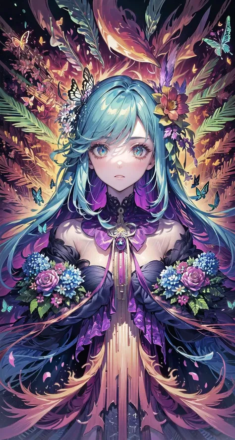 masterpiece, ultra-high quality,( ultra detailed original illustration),( 1girl, upper body),(( harajuku fashion)),(( flowers with human eyes, flower eyes)), double exposure, fussion of fluid abstract art, glitch,( 2d),( original illustration composition),( fusion of limited color, maximalism artstyle, geometric artstyle, butterflies, junk art) <lora:lol2-000010:1>