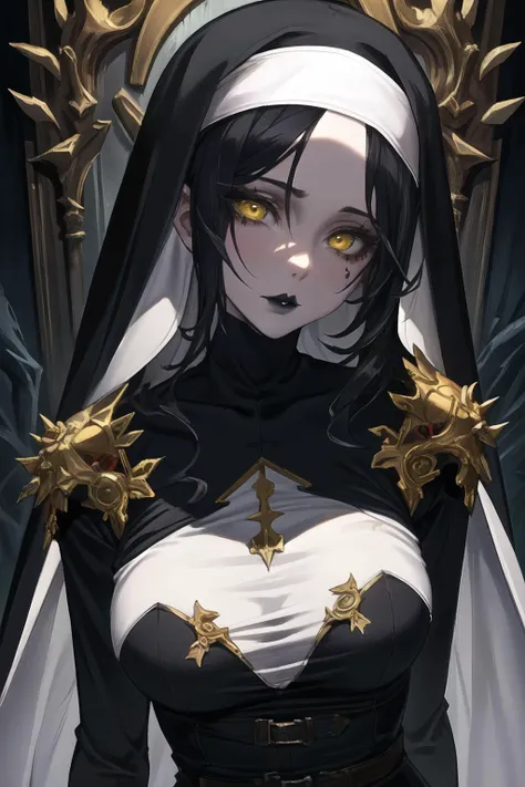 beautiful, (masterpiece:1.2), (best quality:1.2), perfect lighting, perfect eyes, perfect face, 1girl, portrait, mature female, long black hair, parted hair, yellow eyes, pale skin, nun's habit, black metal makeup, black lips, eerie atmosphere, solo, head tilt down, nun clothes, skin tight, belts, skull makeup, skull, ornate, <lora:lol2:0.75>