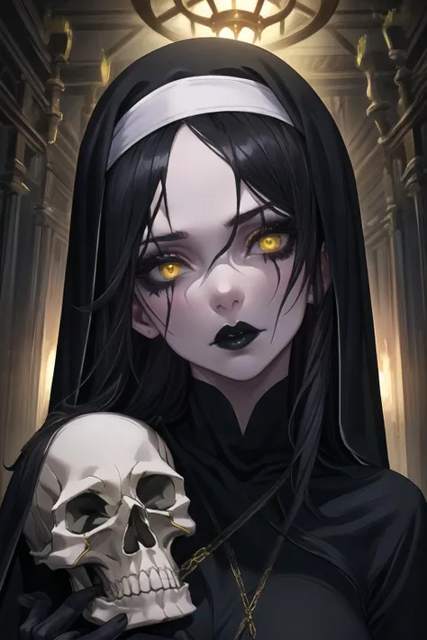 beautiful, (masterpiece:1.2), (best quality:1.2), perfect lighting, perfect eyes, perfect face, 1girl, portrait, mature female, long black hair, parted hair, yellow eyes, pale skin, nun's habit, black metal makeup, black lips, eerie atmosphere, solo, head tilt down, black leather bodysuit, skin tight, belts, skull makeup, <lora:lol2:0.75>