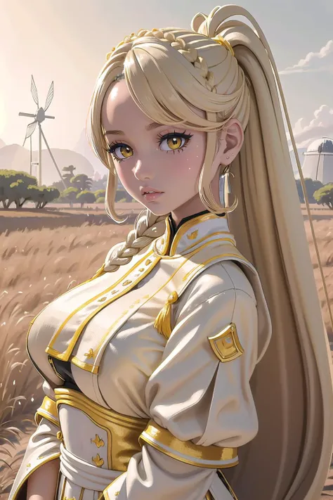 (masterpiece, best_quality, ultra-detailed, immaculate:1.3), epic, illustration, welcoming, 1girl, archer, beige hair with yellow highlights, Perm, (full body:0.5), [:sexy costume design:0.2], (african, dark skin:0.6), in  Rome, in a calm, Hawaiian field of windmills, bombshell hair, shiny platinum hair, Victory Rolls,side braid, split<lyco:EnvyBeautyMix15:1>