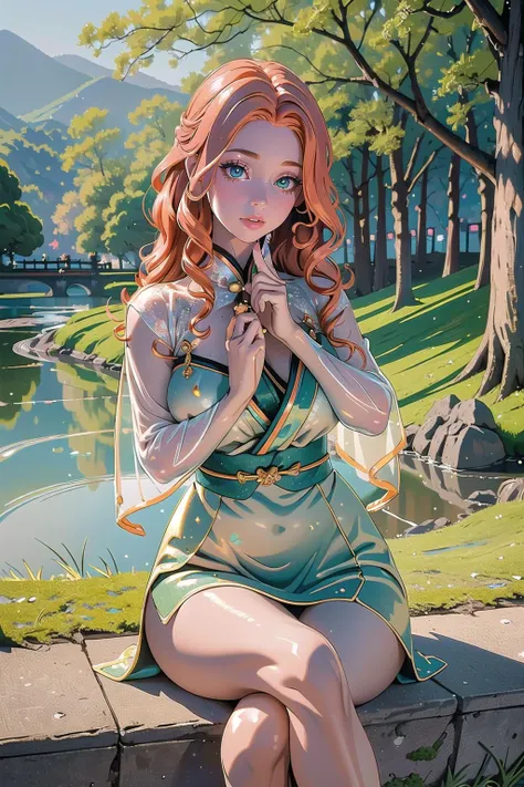 (masterpiece, best_quality, ultra-detailed, immaculate:1.3), epic, illustration, digital painting, welcoming, Willow tree nymph::2, see-through gossamer, , on a  hill in Kyoto, bombshell hair, iridescent ginger hair, Finger Waves, crossed legs<lyco:EnvyBeautyMix15:1>