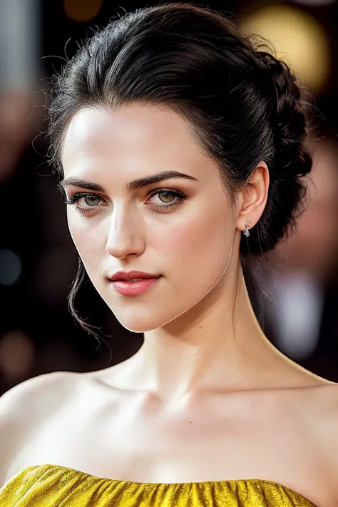 photo of beautiful (kat1emcgrath-135:0.99), a woman with beautiful hair, hair upsweep updo, as a movie star in a (movie premiere), premiere gala, (near a movie theatre), natural skin texture, (elegant yellow strapless dress), 24mm, 4k textures, soft cinematic light, adobe lightroom, photolab, hdr, intricate, elegant, highly detailed, sharp focus, ((((cinematic look)))), soothing tones, insane details, intricate details, hyperdetailed, low contrast, soft cinematic light, exposure blend, hdr, faded, (paparazzi in background), (painted lips:1.1), ((looking at viewer:1.1))