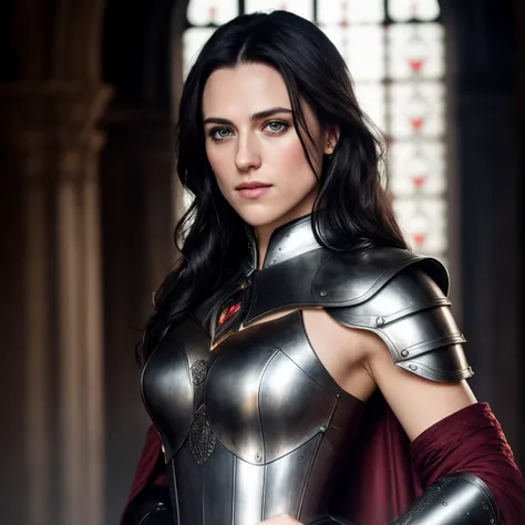professional full body photograph of beautiful (kat1emcgrath-135:0.99) a woman, (wide lens) (muscular body) in a (medieval fantasy palace:1.1), perfect hair, hair upsweep updo, (busty:1.2) wearing (fantasy medieval plate armor:1.2), (her armor is silver, with black details, and she is wearing a red cloak:1.1) modelshoot style, (extremely detailed CG unity 8k wallpaper), professional majestic (photography by yousuf karsh:1.1), (Kodak Smile 10MP Digital Camera), 24mm, exposure blend, hdr, faded, extremely intricate, High Detail, Sharp focus, dramatic, soft cinematic light, (looking at viewer), (detailed pupils), (smug smile:1.1), 24mm, 8k textures, soft cinematic light, adobe lightroom, photolab, elegant, ((((cinematic look)))), soothing tones, insane details, hyperdetailed, low contrast, (sexy), (perfect waist)
