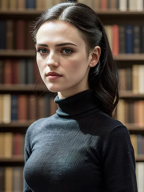 closeup photo of beautiful (kat1emcgrath-135:0.99). wearing a black turtleneck jumper. in a library. 35mm, sharp focus moody lighting.