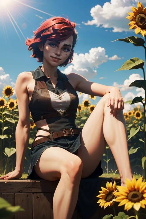 ((masterpiece, best quality))
<lora:ArcaneLeagueVi:0.8>
ArcaneLeagueVi, 1girl, short hair, red hair, blue eyes, sitting in a sunflower field, smiling, sunlight