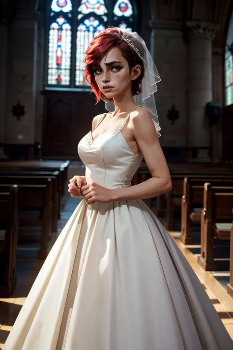 ((masterpiece, best quality))
<lora:ArcaneLeagueVi:0.8>
ArcaneLeagueVi, 1girl, short hair, red hair, blue eyes, wearing a wedding dress, bridal veil, inside a church