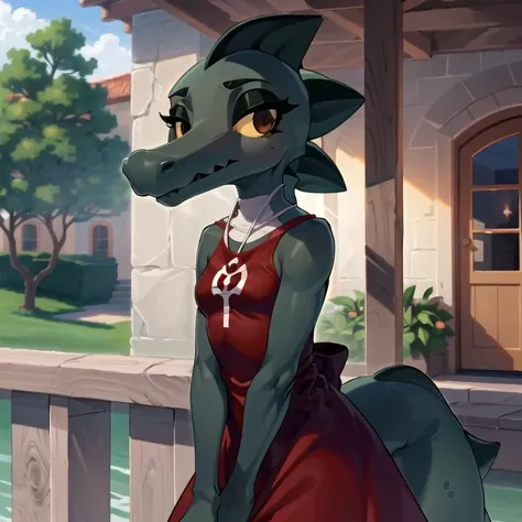 ((bea santello)), furry, flowing red dress, outdoor pavilion, sunrays, detailed shadows,
