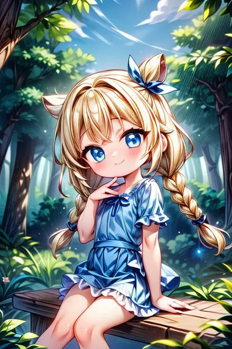 masterpiece, 1girl, cute, petite, kawaii, sitting, closed_mouth, solo, blonde hair, twin_braids, blue eyes, blue_frilled_shirt, white_skirt, head tilt, forest, looking at viewer