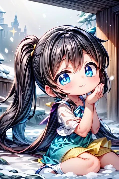 masterpiece, best_quality, hdr, ray_tracing, 1girl, (kawaii, cute, petite:1.2), sitting, close-up, closed_mouth, solo, long hair, side_ponytail, magical_girl, looking at viewer, hand_on_own_face, snow theme, A world of wonder, pure and bright, fantasy theme, snowing, fantasy background, backlighting, abyss eyes,(extremely detailed CG, unity, 8k wallpaper:1.2), ((ultra-detailed)), ((illustration)),colorful,wallpaper,energy,Around the magic,magic surrounds