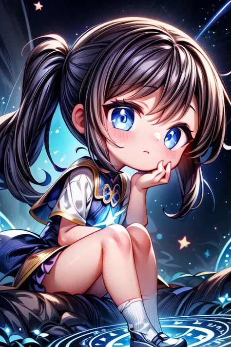 masterpiece, 1girl, sitting, close-up, closed_mouth, solo, long hair, side_ponytail, magical_girl, magic_circle, looking at viewer, hand_on_own_face, cosmic theme, a magical show, A world of wonder, pure and bright, fantasy theme, cosmos, cosmic_art, cosmic, Starry sky background, nebula background, backlighting, abyss eyes,(extremely detailed CG, unity, 8k wallpaper:1.2), ((ultra-detailed)), ((illustration)),colorful,wallpaper,energy,Unknown terror,Around the magic,magic surrounds,Magical Circle