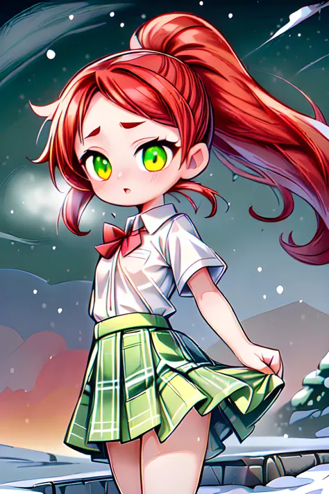 A beautiful woman(long flowing red hair in a long ponytail, green tinted eyes) wearing a school uniform(mini skirt, white button up short sleeves shirt, plaid color) outside in a strong snow storm, cold and freezing, (MasterPiece) (Highly Detailed) (4k)