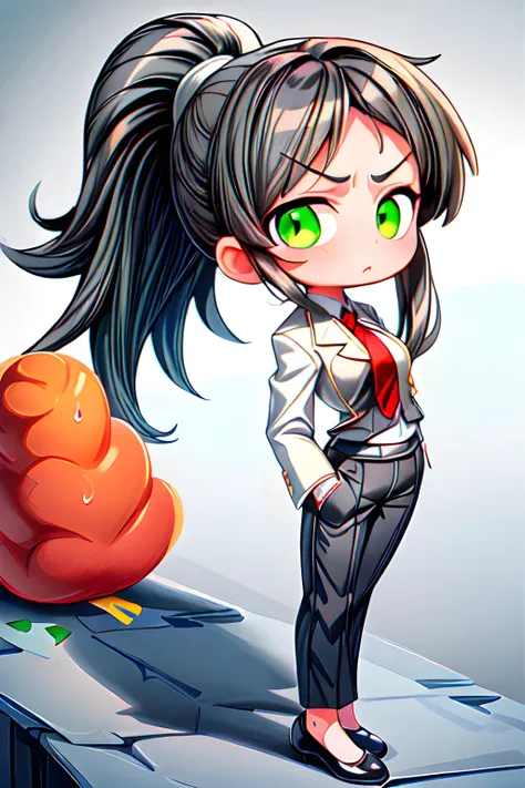 Swift Gray (tall Asian-Caucasian mix woman, Long white ponytail, green eyes, medium bust, stern expression) wearing a white business suit, red tie, black flats shoes, (MasterPiece) (Highly Detailed) (4k)