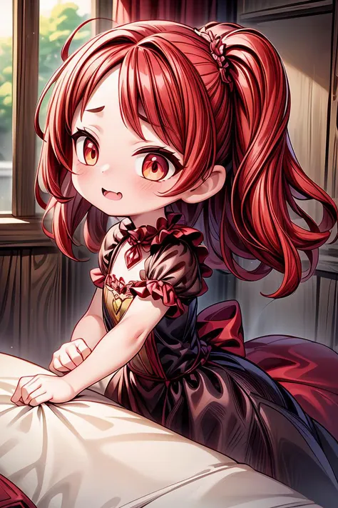 (masterpiece, best quality), 1girl, red hair, medium chest, gothic frill dress, pervert face,