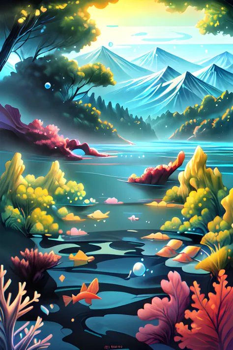 a painting of a body of water surrounded by trees, a matte painting, bubbly underwater scenery, seas of mountain, beautiful realistic photo, 4 k highly detailed art