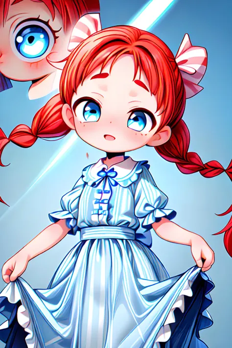 Wendy (cute woman, vertical light-blue and white stripes on a long dress, round face, blue eyes, pale skin, red freckles, long red hair, braided pigtails, blue hairbows, tall frilly collar), (MasterPiece) (Highly Detailed) (4k)