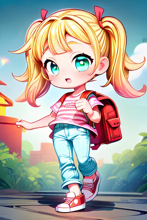 Penny IG (Female teen, Blonde hair in pigtails, turquoise eyes, petite, fair skin) wearing a red backpack, a red and white striped T-shirt, light-green jeans, red and pink sneakers., (MasterPiece) (Highly Detailed) (4k)