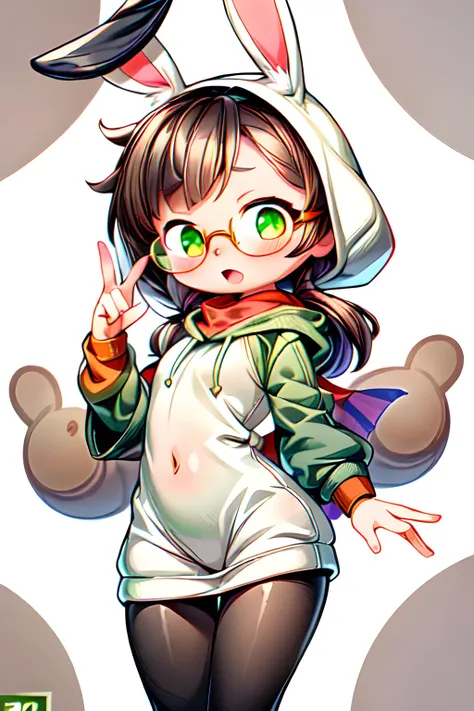 Anna (Tall petite Anthro rabbit, white furred, shy), dressed in an oversized green hoodie, black tights, brown scarf, oval black rimmed glasses., (MasterPiece) (Highly Detailed) (4k)