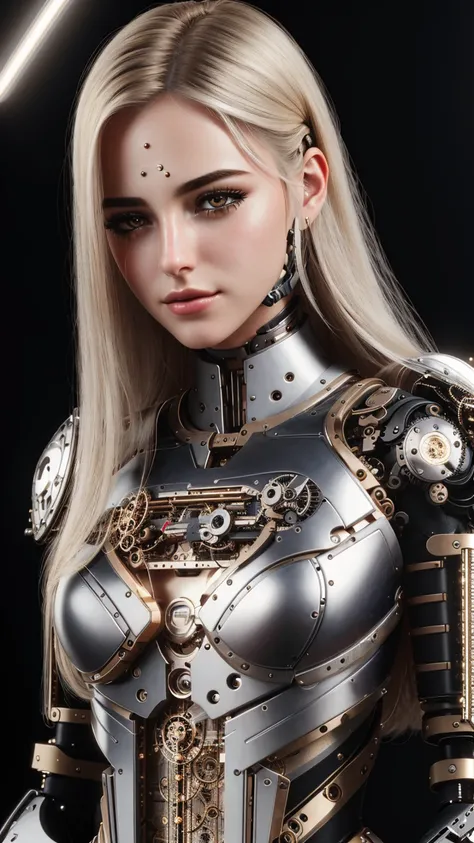 realistic, beautiful cyborg young female SuperGirl, perfect studio lighting, professional photoshoot, eye contact, perfect face, masterpiece, high quality, intricate details, detailed background, sacred ornaments, by Dylan Kowalski, (1girl), muscular, skindentation, (prosthesis:1.4), (mechanical arms:1.4), synthetic skin, porcelain, pearl, holographic, titanium, diamond, ruby, sapphire, gemstones, clockwork, grunge, worn edges, armor, <lora:ScifiProsthesisStyle_epoch000006:0.5>,