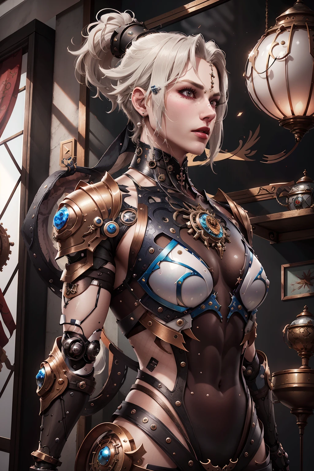 masterpiece, high quality, 3d, 8k cg, intricate details, detailed background, sacred. ornaments, byDylanKowalski,
((1boy)), upper body, muscular, skindentation, looking to the side, short hair, prosthesis, mechanical arms, synthetic skin,
porcelain, pearl, holographic, titanium, diamond, ruby, sapphire, gemstones, clockwork, grunge, worn edges, armor, 
<lora:GFman-000002:0.7>, <lora:dylanKowalski:0.4>,