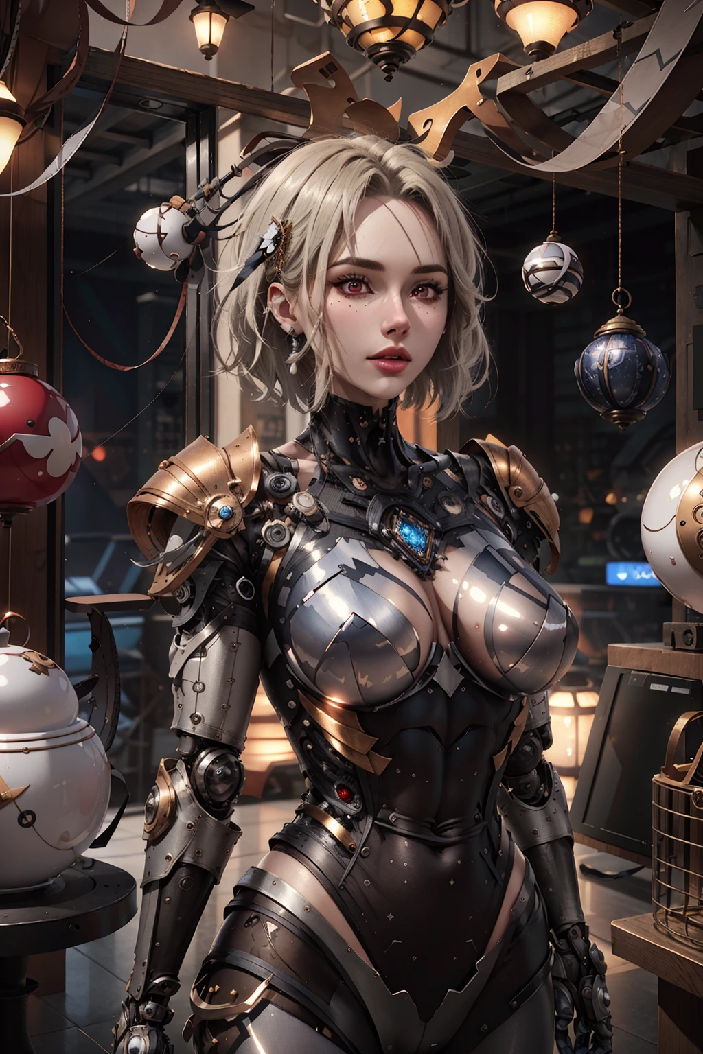 masterpiece, high quality, 3d, 8k cg, intricate details, detailed background, sacred. ornaments, byDylanKowalski,
((1girl)), upper body, muscular, skindentation, looking to the side, short hair, prosthesis, mechanical arms, synthetic skin,
porcelain, pearl, holographic, titanium, diamond, ruby, sapphire, gemstones, clockwork, grunge, worn edges, armor,
<lora:KTnini:0.6>, <lora:dylanKowalski:0.4>,