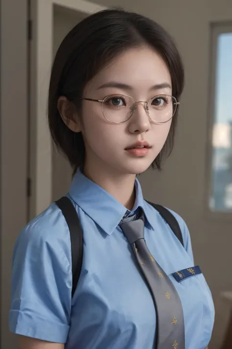 <lora:sg_cgsv1:0.7>, cgs_uniform, cgs tie, best quality, masterpiece, illustration, realistic, photo-realistic, amazing, finely detail, incredibly absurdres, huge filesize, ultra-detailed, highres, extremely detailed CG unity 8k wallpaper, Close-up, high-resolution photograph of a young Korean woman in a school uniform with a tie, in a school setting. She has large breasts, short hair, wears glasses, and has minimal makeup. The image features striking lighting and shadow effects.