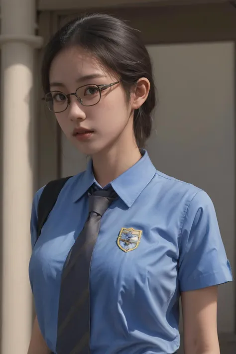 <lora:sg_cgsv1:0.7>, cgs_uniform, cgs tie, best quality, masterpiece, illustration, realistic, photo-realistic, amazing, finely detail, incredibly absurdres, huge filesize, ultra-detailed, highres, extremely detailed CG unity 8k wallpaper,  Close-up, high-resolution photograph of a young Korean woman in a school uniform with a tie, in a school setting. She has large breasts, short hair, wears glasses, and has minimal makeup. The image features striking lighting and shadow effects.