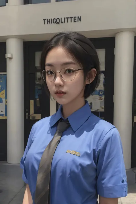 <lora:sg_cgsv1:0.7>, cgs_uniform, cgs tie, best quality, masterpiece, illustration, realistic, photo-realistic, amazing, finely detail, incredibly absurdres, huge filesize, ultra-detailed, highres, extremely detailed CG unity 8k wallpaper, Close-up, high-resolution photograph of a young Korean woman in a school uniform with a tie, in a school setting. She has large breasts, short hair, wears glasses, and has minimal makeup. The image features striking lighting and shadow effects.